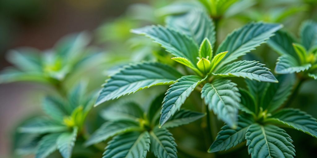 Nahaufnahme von Artemisia Annua Blättern auf grünem Hintergrund.