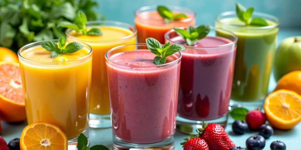 Bunte Smoothies in Gläsern mit frischen Früchten.